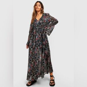 Boohoo Black Floral Gabriella Bohemian Tie Detail Maxi Dress - NWT